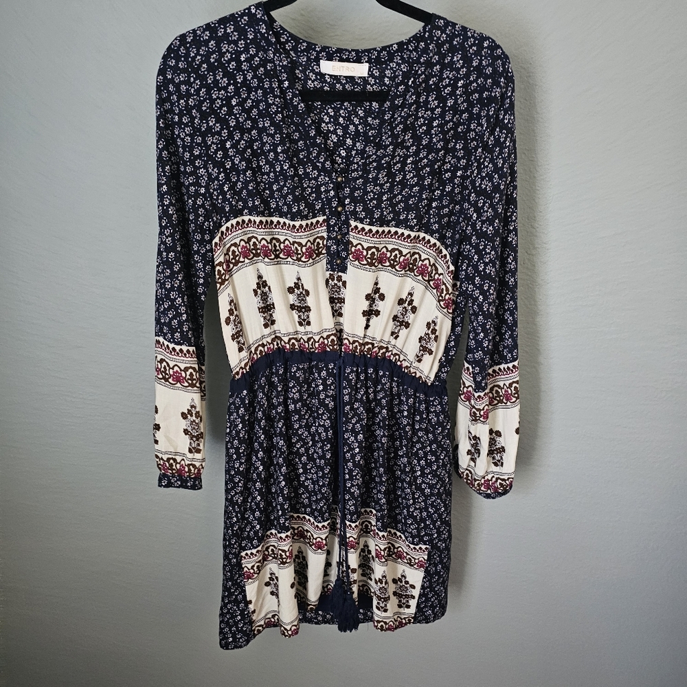 Entro Peasant Prairie Bohemian Long Sleeve Dress Drawstring Waist Tassels Size M